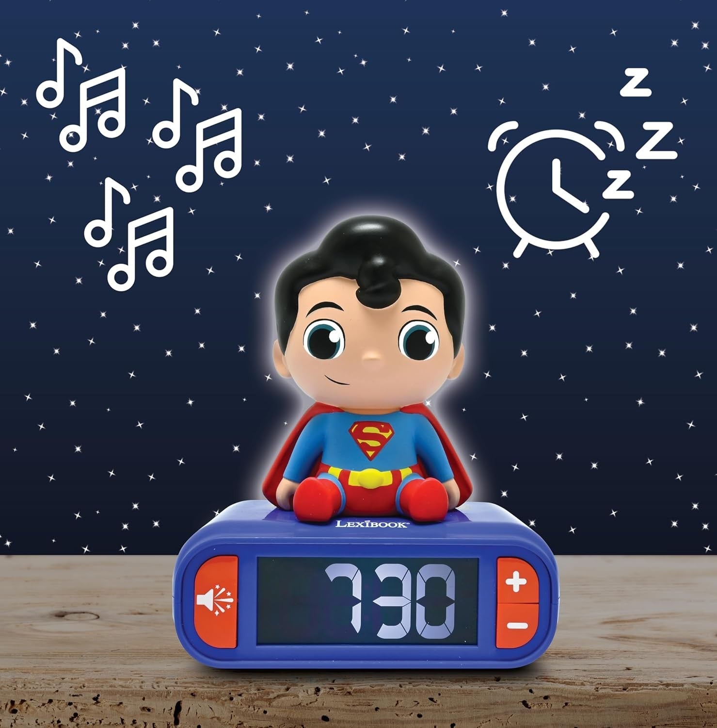 Kids Superhero Alarm Clock Night Light Blue Red LCD Snooze Sounds