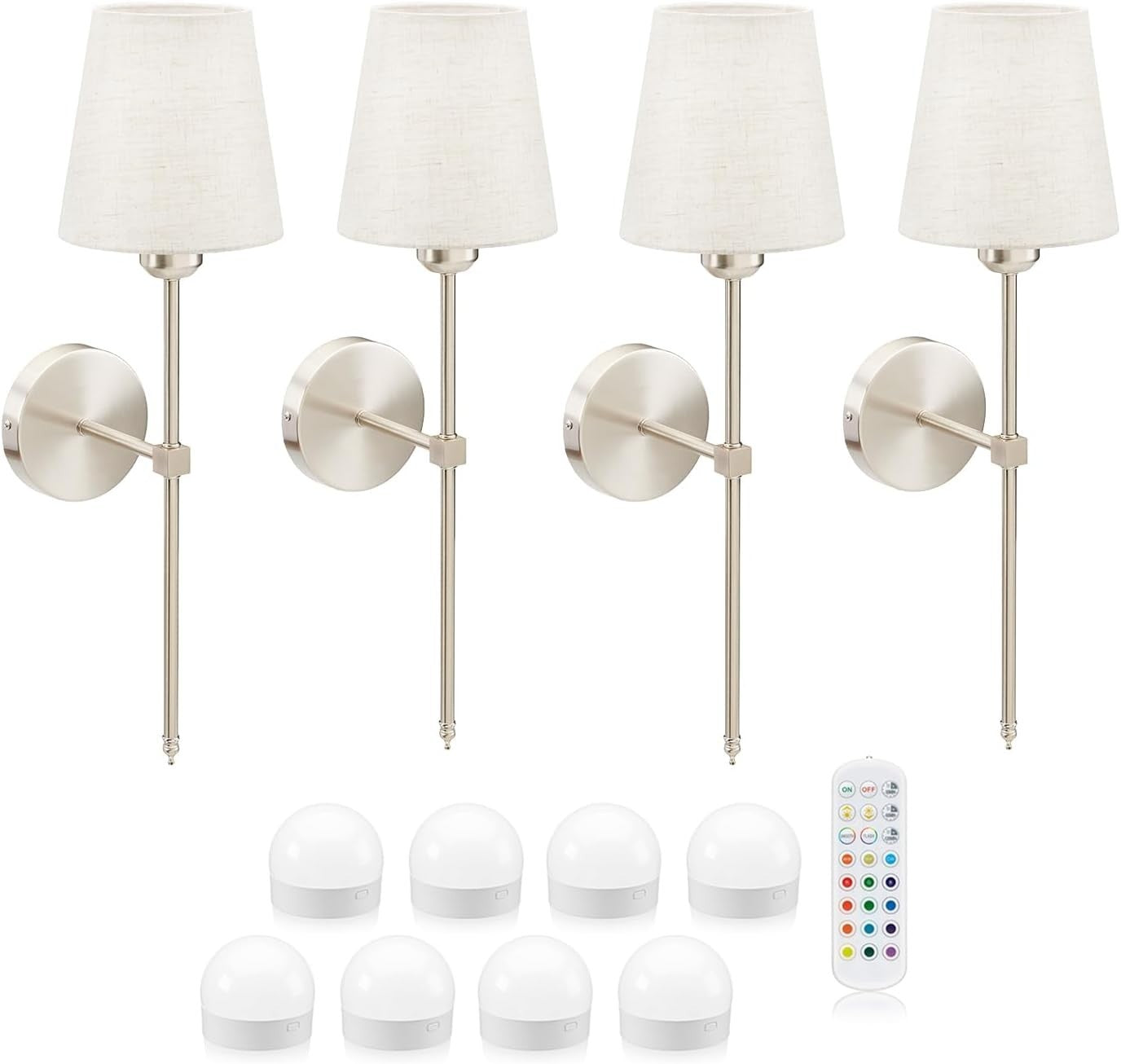 Wireless Rechargeable LED Wall Lights, Dimmable, Color Change, Remote, 4-Pack