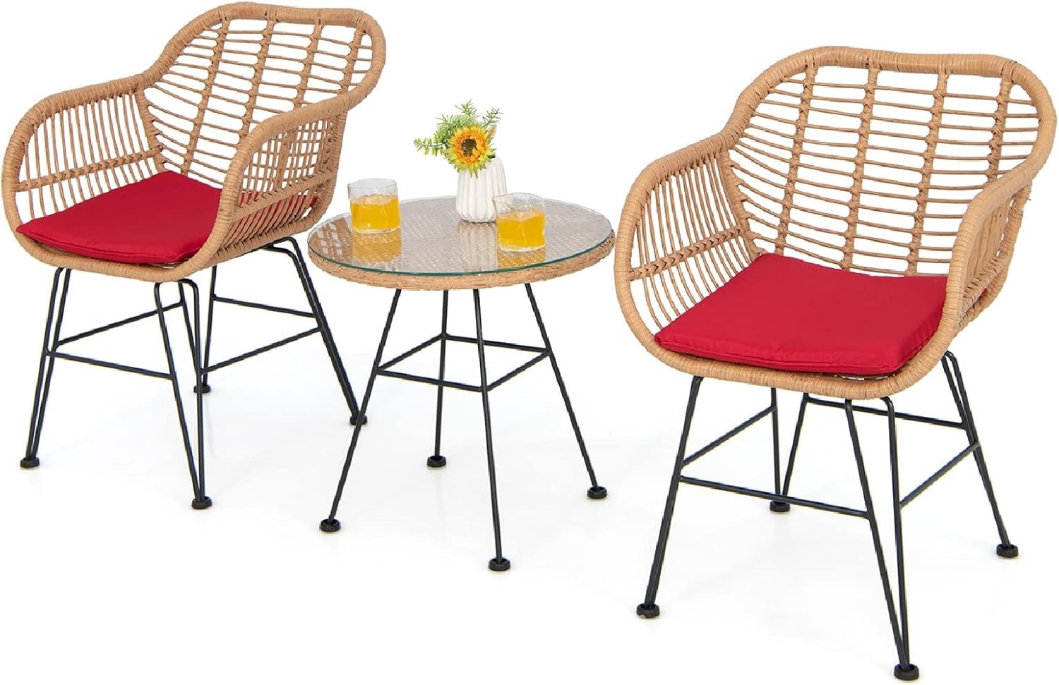 3 Piece Rattan Bistro Set Outdoor Patio Chairs with Glass Table & Cushions