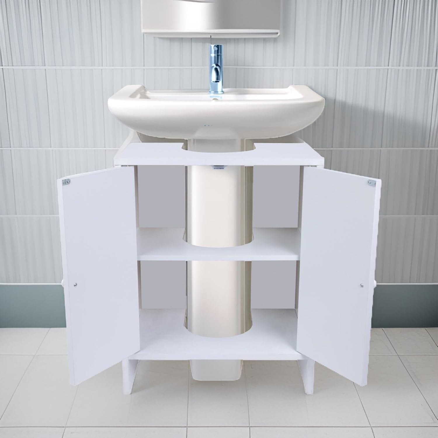 White Under Sink Bathroom Cabinet – 2 Door Freestanding Cupboard 60x30x60cm