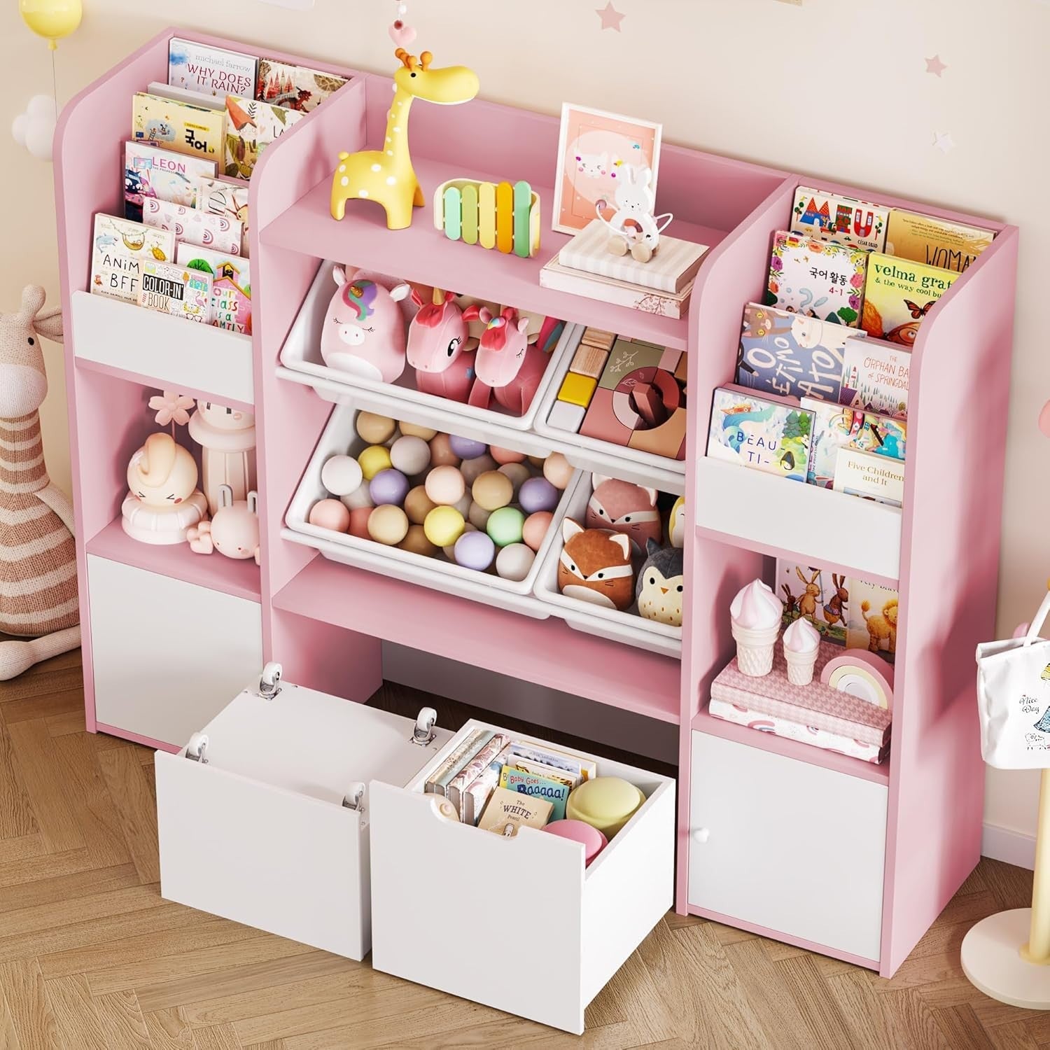 Kids Toy Storage Bookcase with Drawers & Bins – 126cm Pink Organiser