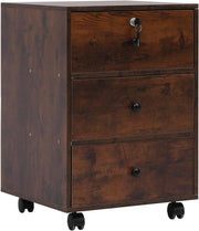 Rustic Brown Rolling 3 Drawer File Cabinet Top Lock Under Desk Storage