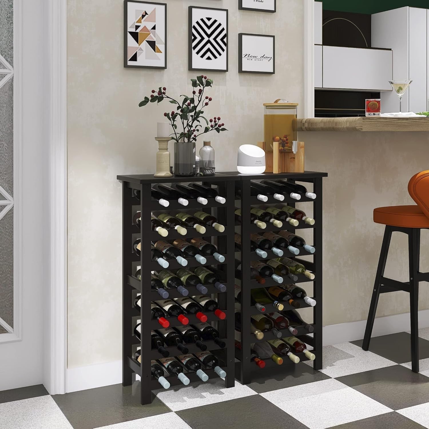 7 Tier Bamboo Wine Rack 28 Bottle Freestanding Storage Shelf Black Home Bar