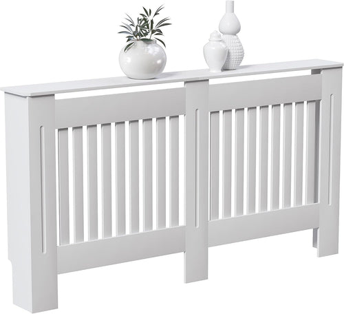 Large White Radiator Cover Cabinet | Modern MDF Slatted Heater Cover with Shelf