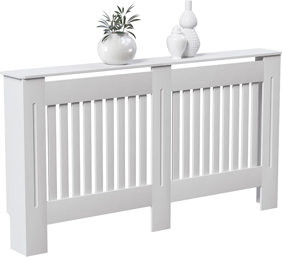 Large White Radiator Cover Cabinet | Modern MDF Slatted Heater Cover with Shelf