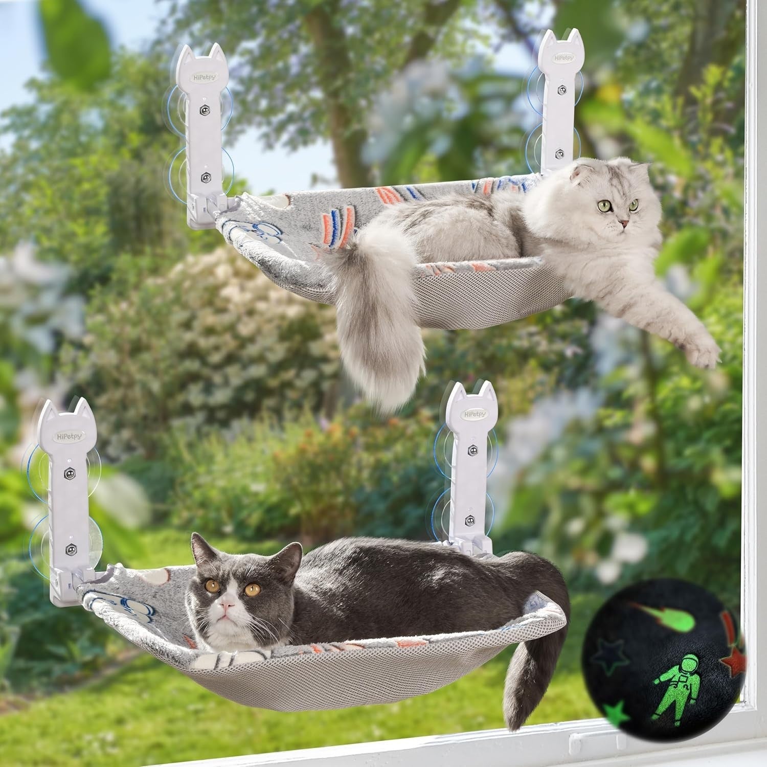 2 Pack Cat Window Bed Foldable Hammock w Glow Reversible Mat