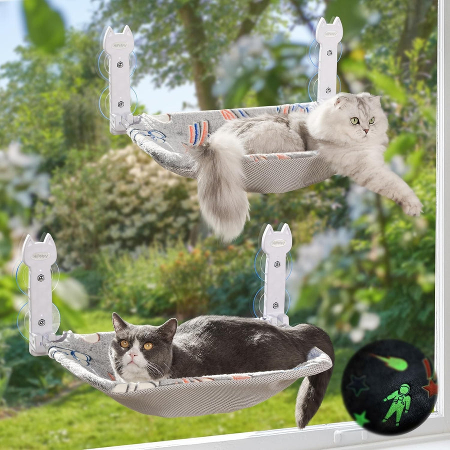 2 Pack Cat Window Bed Foldable Hammock w Glow Reversible Mat