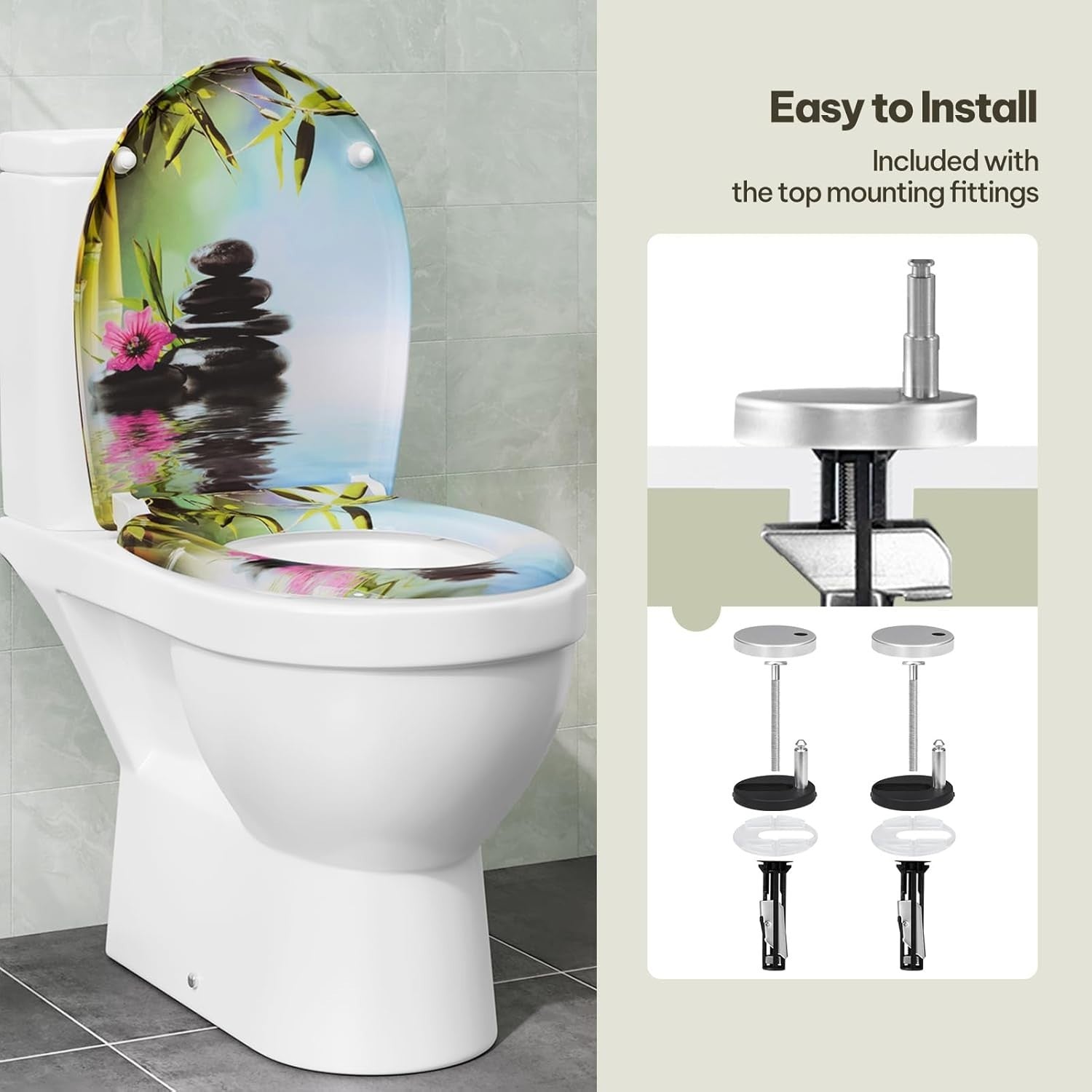 Soft Close O-Shaped Toilet Seat Quick Release Duroplast Stones & Flower Print
