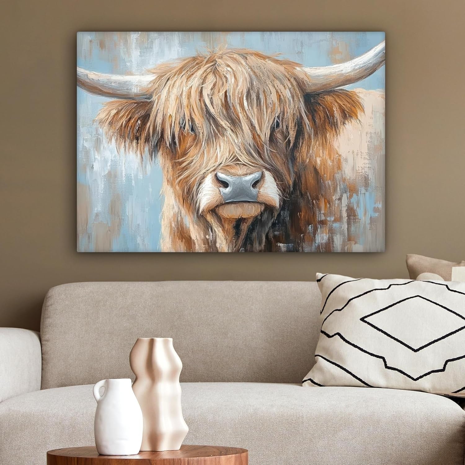 Highland Cow Canvas Wall Art Rustic Farm Animal 80x60cm Living Room Decor