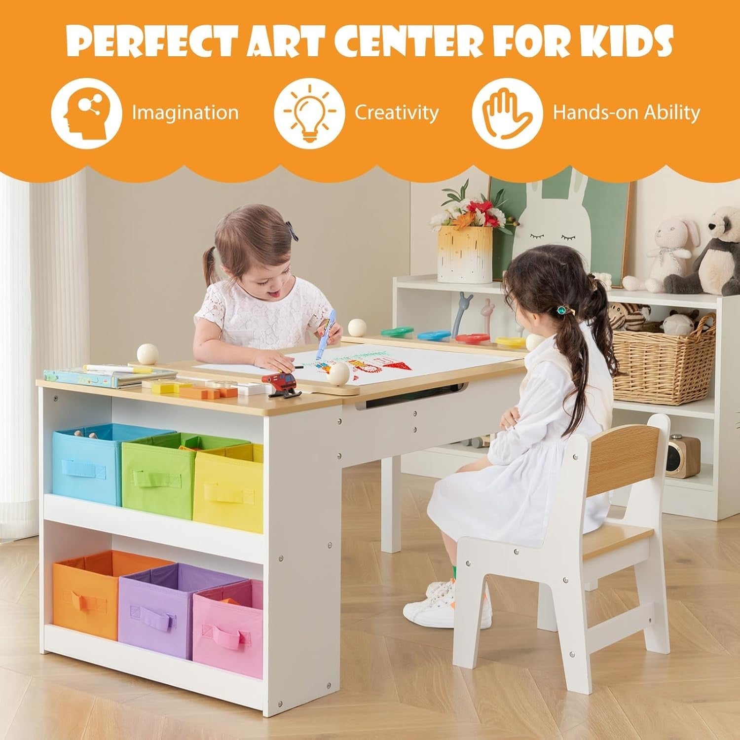 Kids Art Table & Chairs Set with Storage, Paper Roller & Cups – 109cm