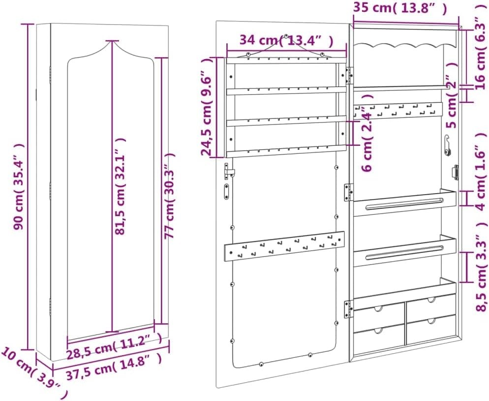 Lockable Wall Mounted Jewelry Cabinet Mirror Slim Storage Organizer White