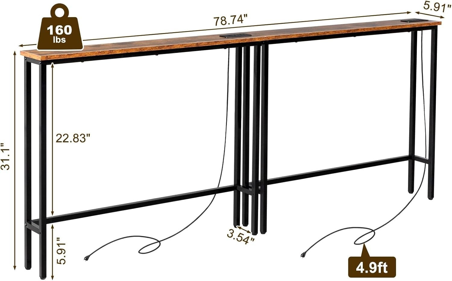 Slim Console Table with Power Outlets & USB Ports, Space-Saving Hallway