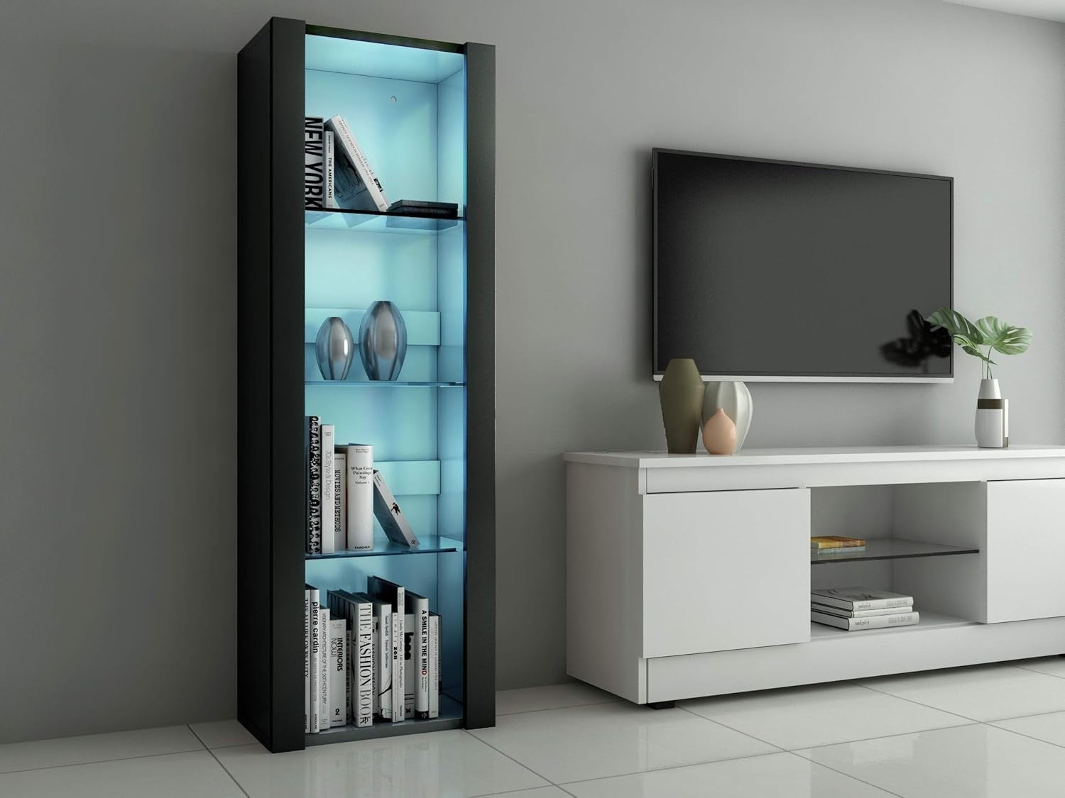 Tall Modern Display Cabinet with RGB LED Glass Shelves, Durable Storage Unit