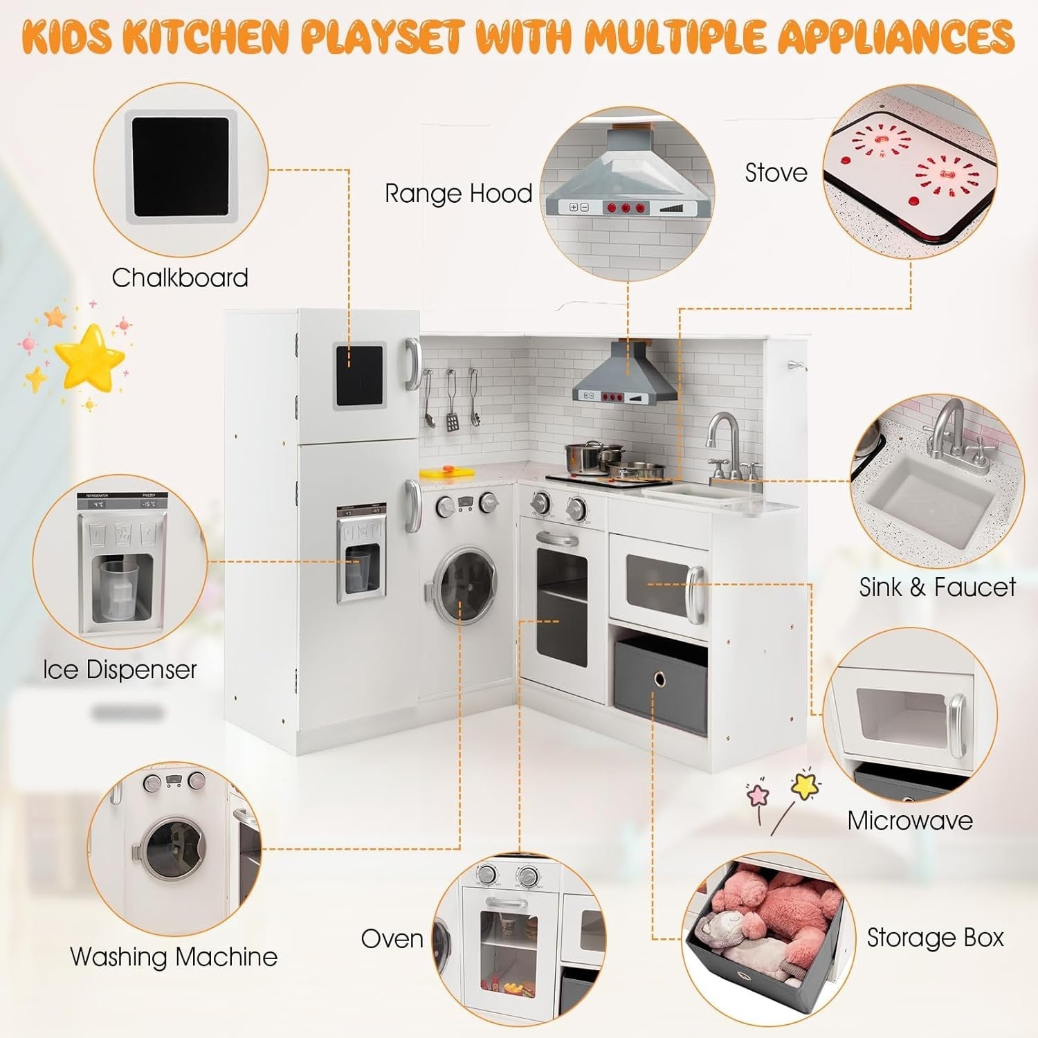 Corner Wooden Kids Play Kitchen Lights Sounds Chef Toy White