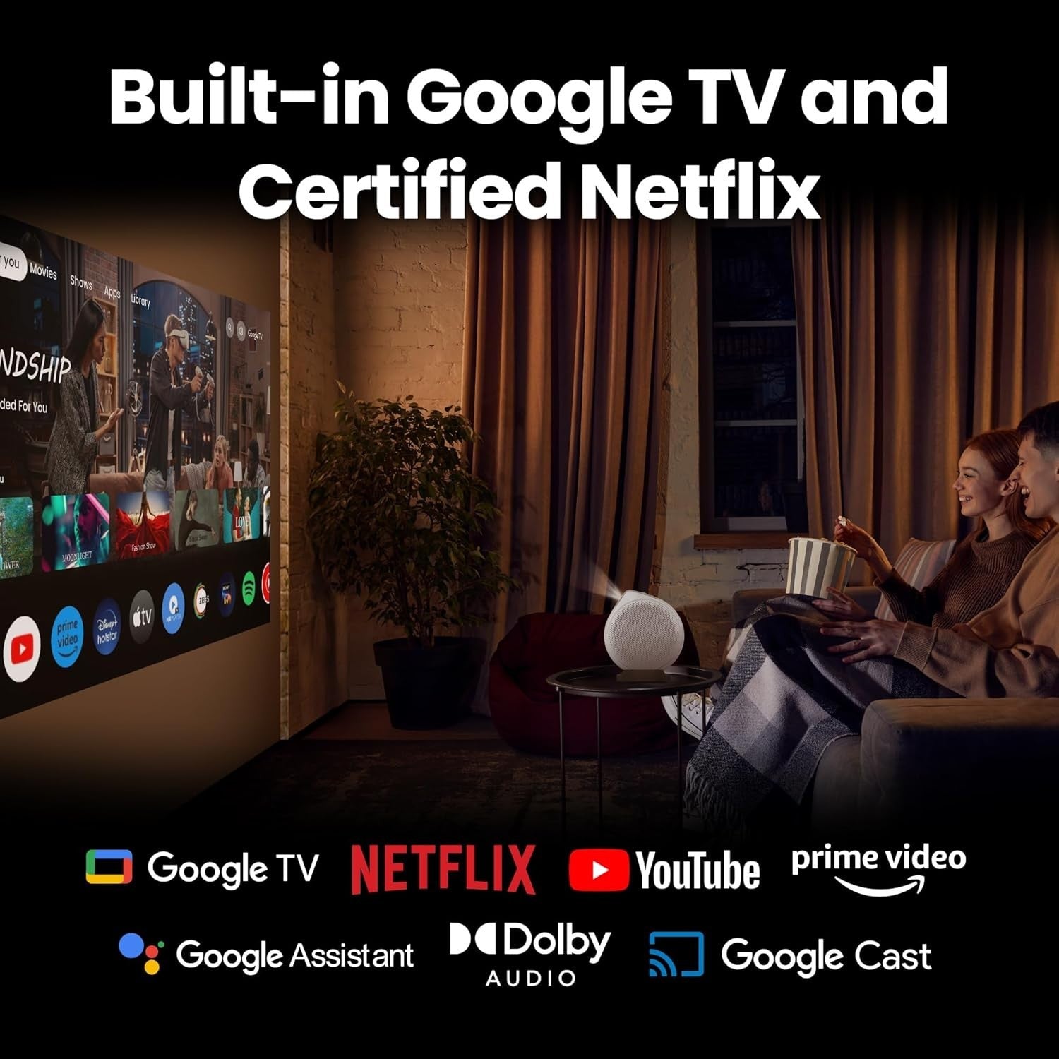 Portable 1080P Projector 500 ANSI Google TV Netflix HDR Ceiling