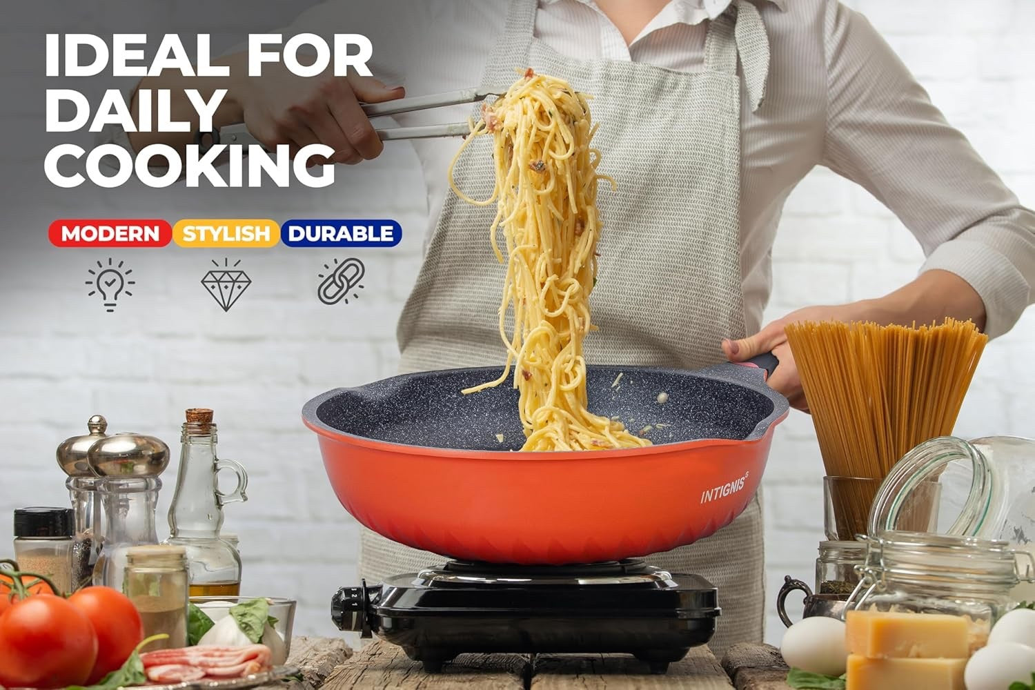 28cm Orang Deep Non Stick Frying Pan with Lid  3in1 Skillet Sauté Pan & Mini Wok