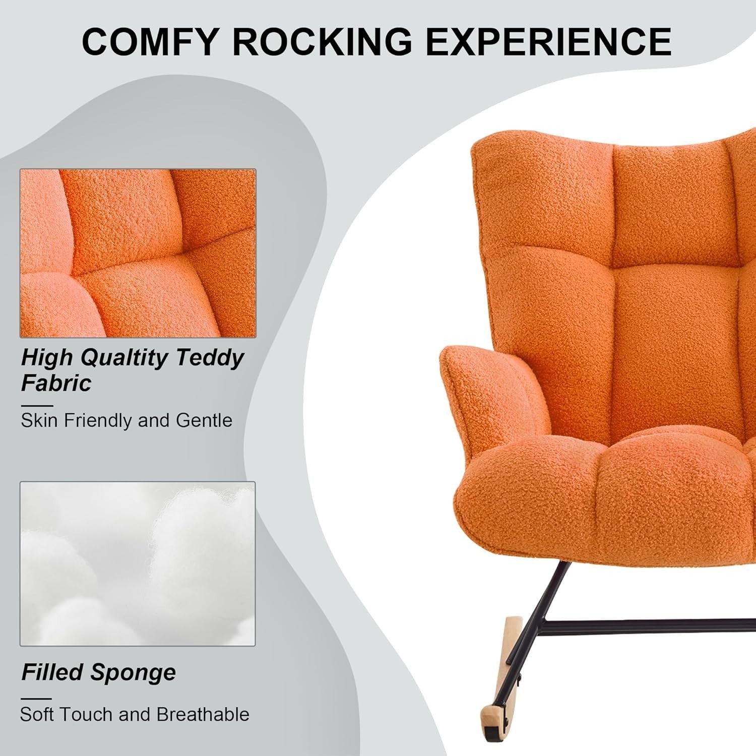 Rocking Chair Nursery Glider Comfy Armchair High Back Padded Seat Orange Teddy