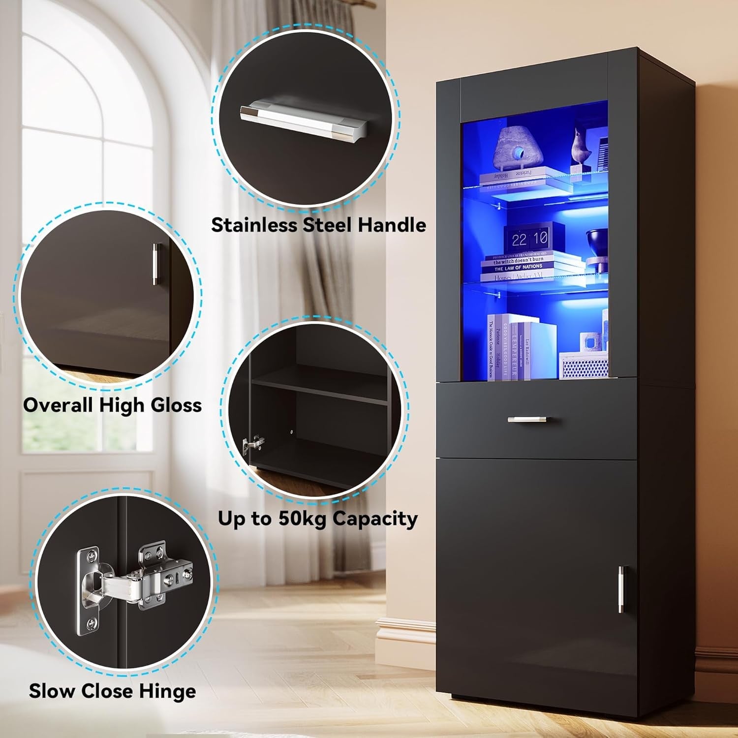Tall Black Gloss LED Display Cabinet with Drawer & 5 Shelves Modern Storage Unit