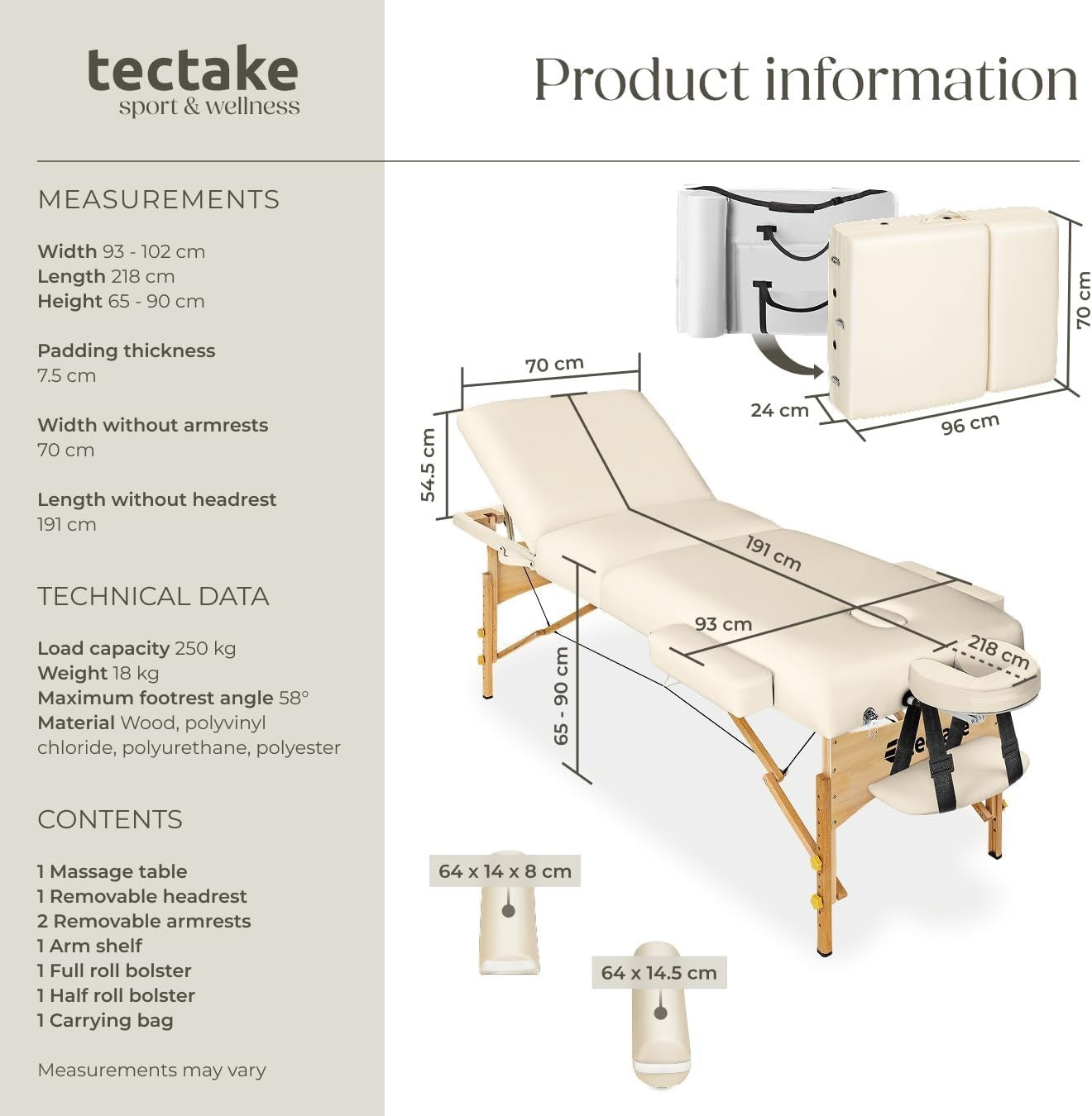 Portable 3 Zone Massage Table Foldable Adjustable Beauty Therapy Bed Beige