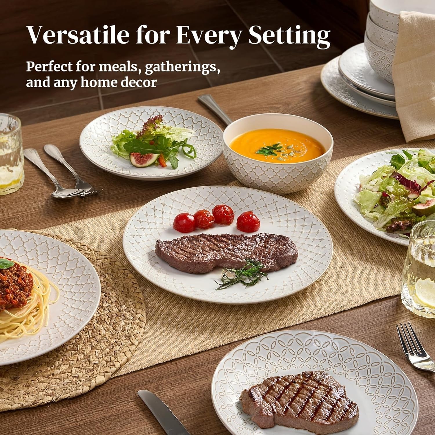 12 Piece Ceramic Dinner Set Plates Bowls Beige Modern Tableware Dishwasher Safe