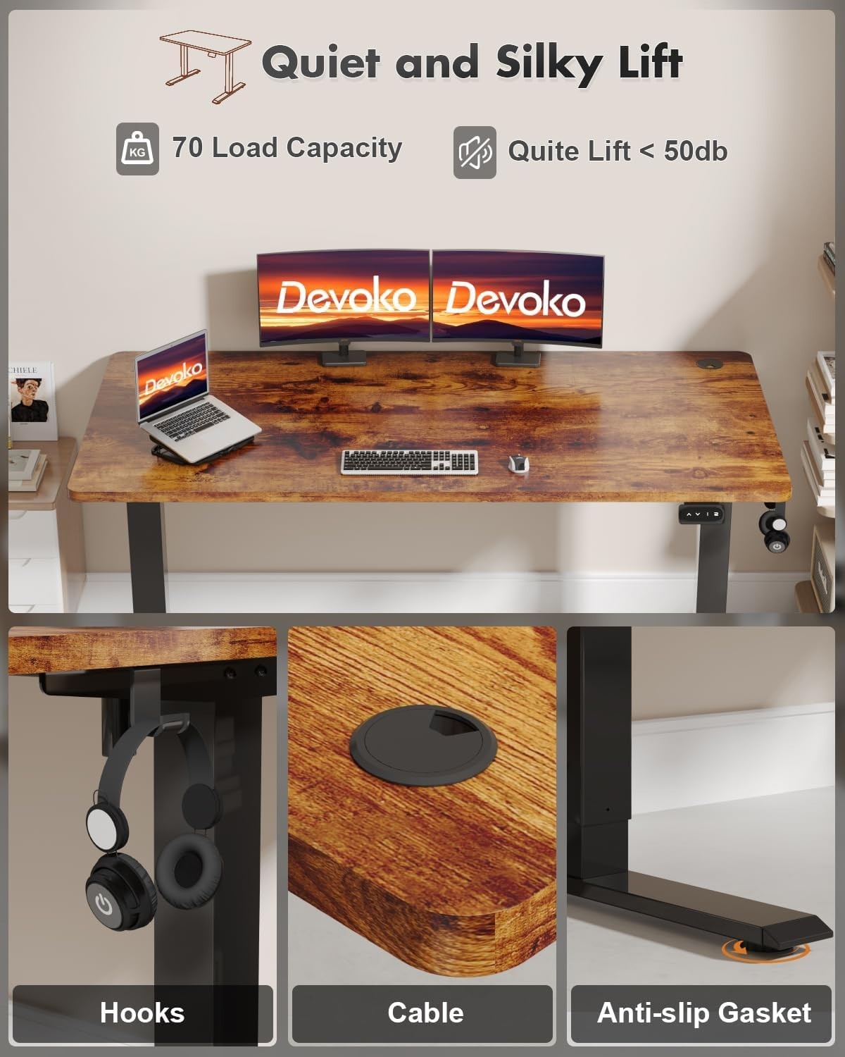Electric Height Adjustable Standing Desk 180x80cm Rustic Brown Ergonomic Table