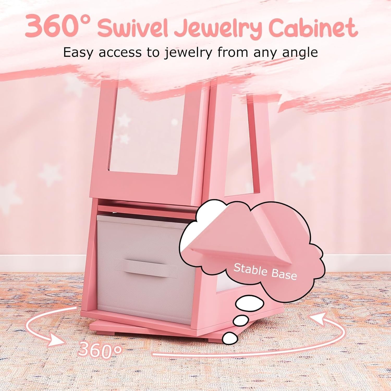 Kids 360° Swivel Jewelry Cabinet Mirror Organizer with Anti Tip Base