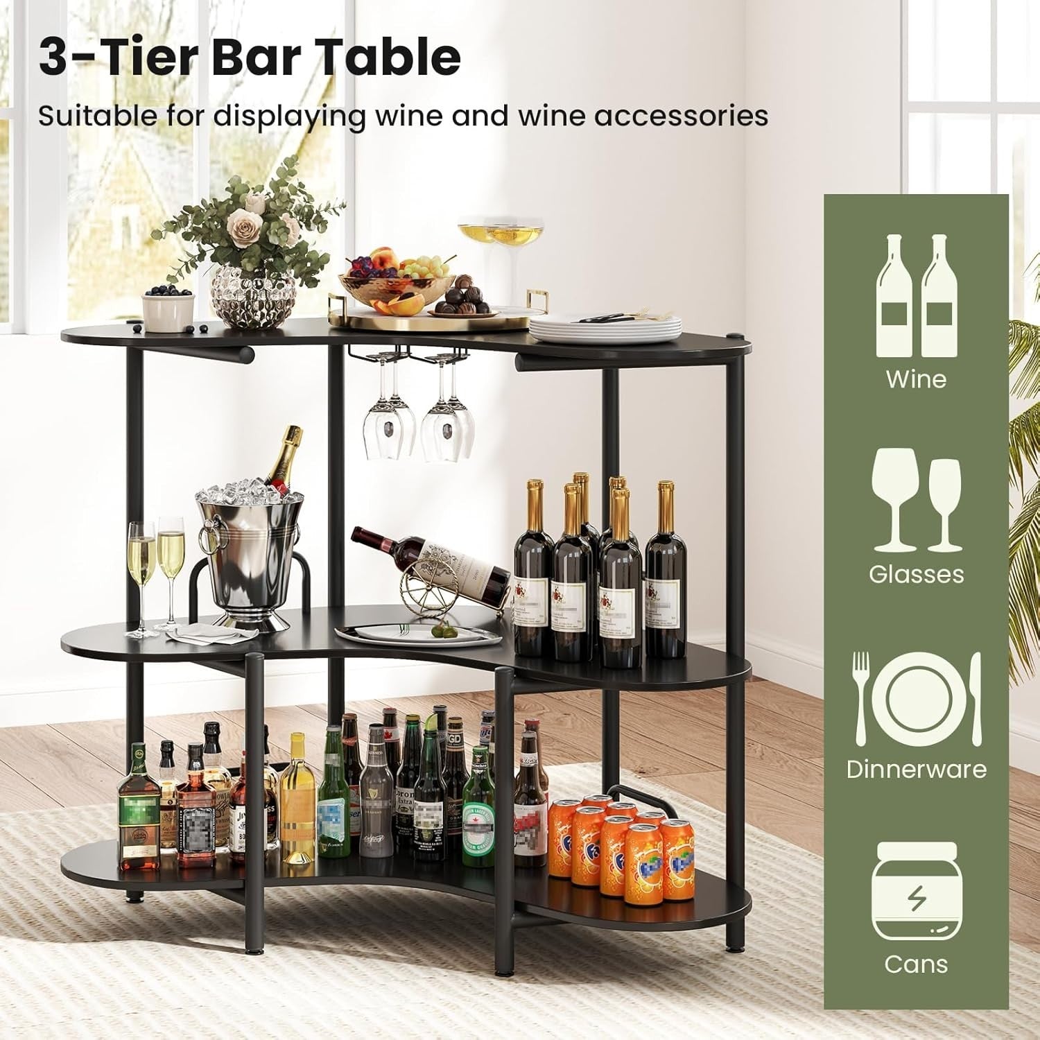 3-Tier Wine Bar Cabinet with Glass Holder, Freestanding Drinks Storage Table