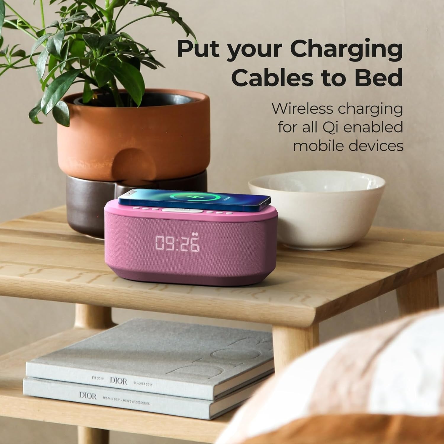 Bedside Alarm Clock Wireless Charger Bluetooth Speaker FM Radio Non-Ticking