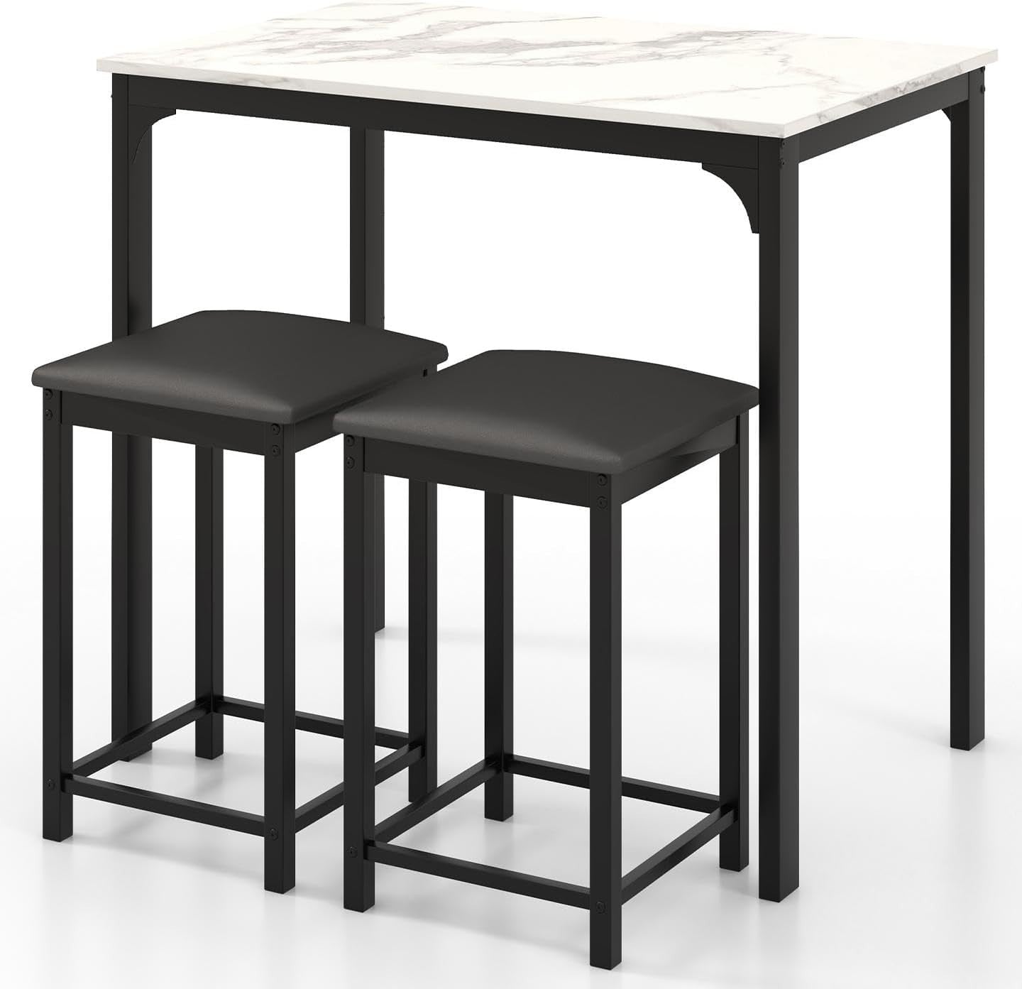 3-Piece Bar Table Set Marble Top & 2 Stools Space-Saving Dining White Furniture