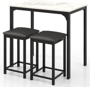 3-Piece Bar Table Set Marble Top & 2 Stools Space-Saving Dining White Furniture