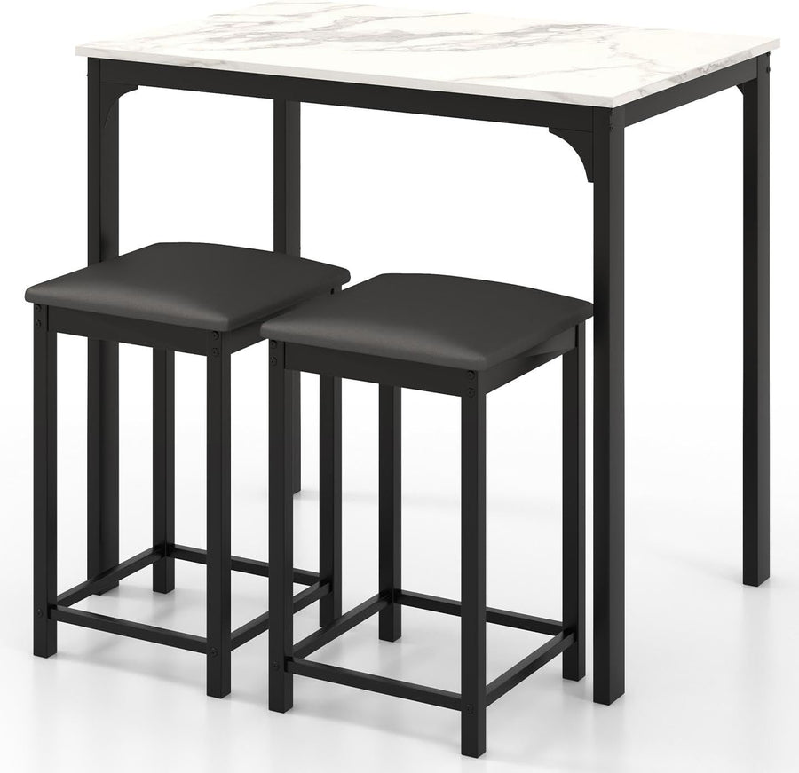 3-Piece Bar Table Set Marble Top & 2 Stools Space-Saving Dining White Furniture