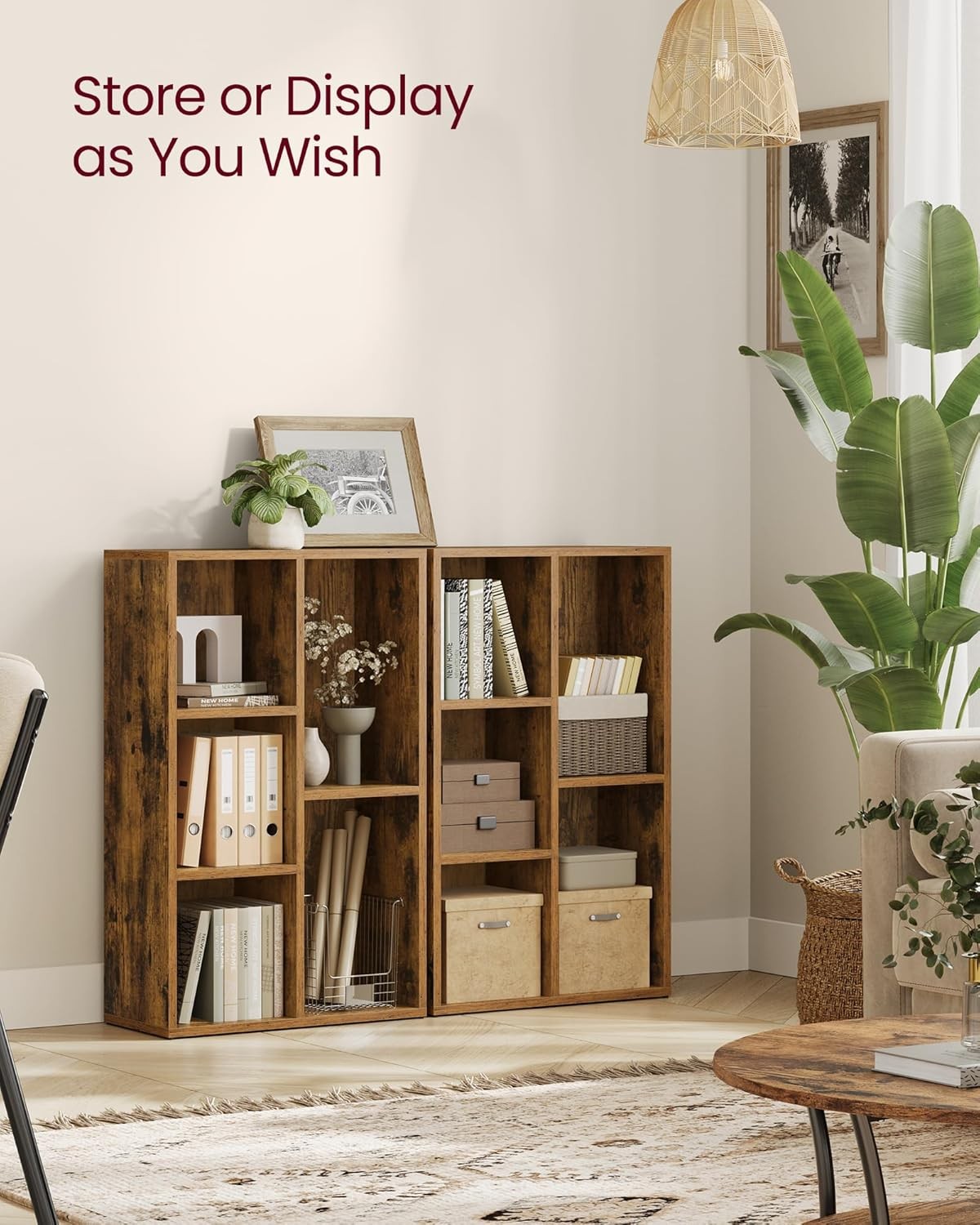 5-Compartment Rustic Bookshelf | Modern Cube Storage Shelf for Home Office