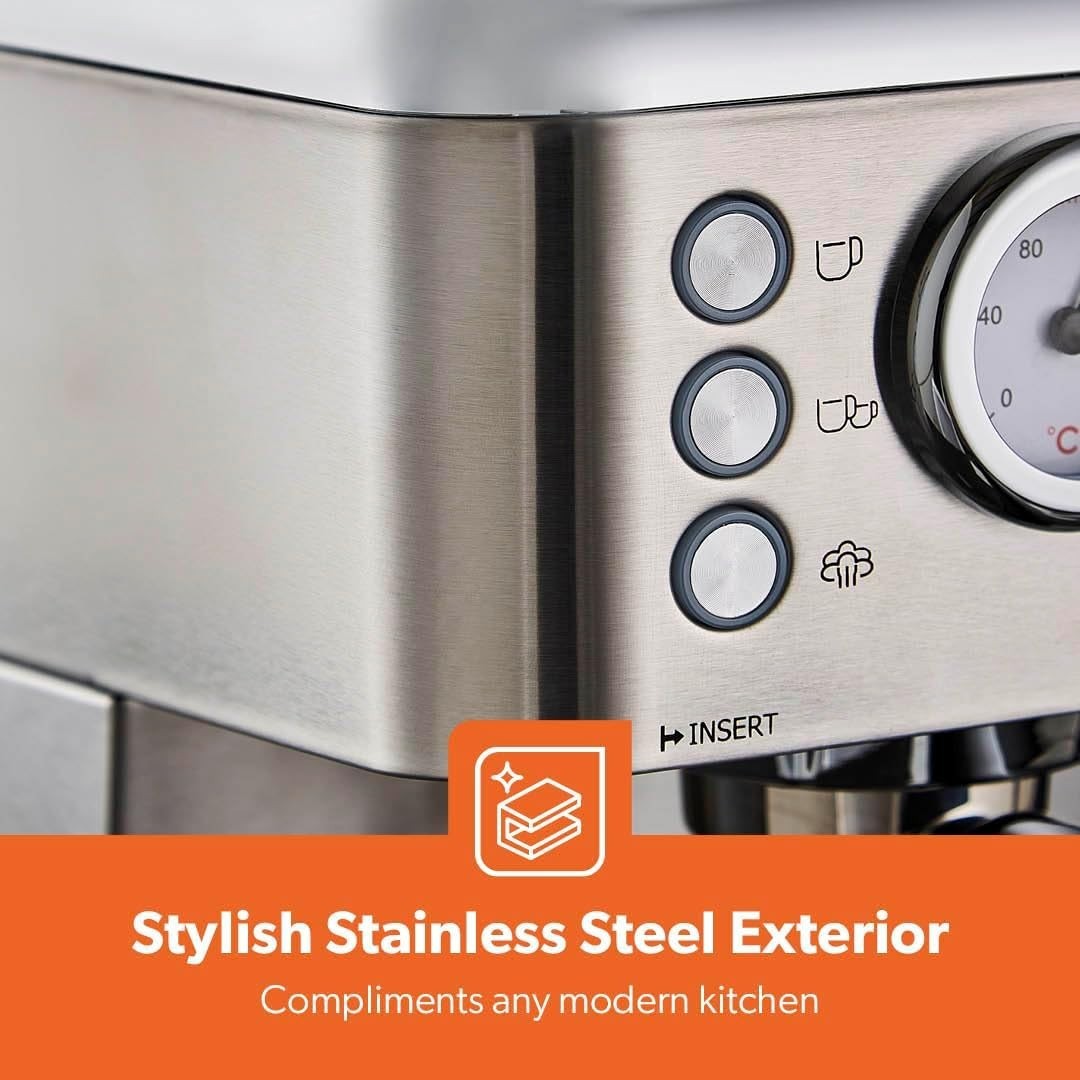 15 Bar Espresso Machine 1.8L | Milk Frother | Precision Gauge | 1140W Steel