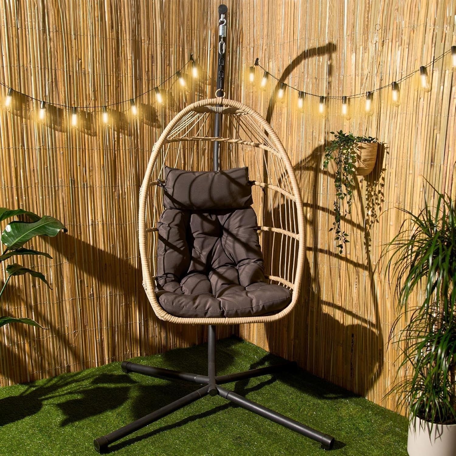 Rattan Hanging Egg Chair with Stand | Outdoor Swing Seat with Cushion