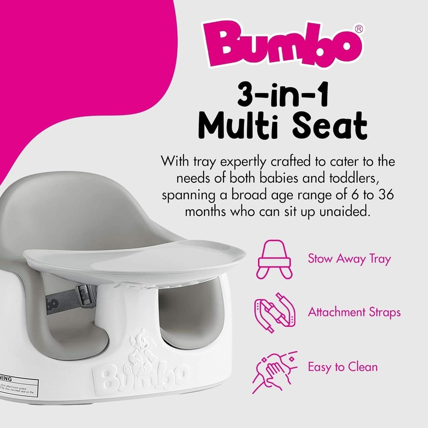 Adjustable Toddler Multi Seat Booster Chair with Tray Harness Compact Safe Grey