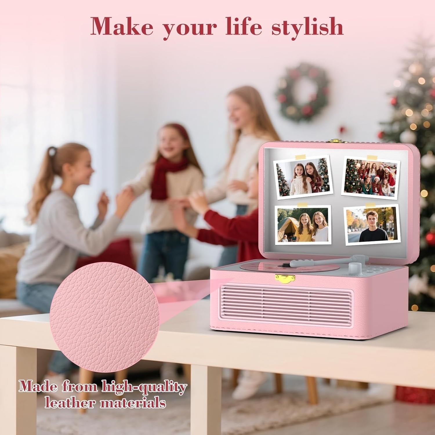 Retro Bluetooth CD Player FM Radio USB AUX HiFi Speakers Pink PU