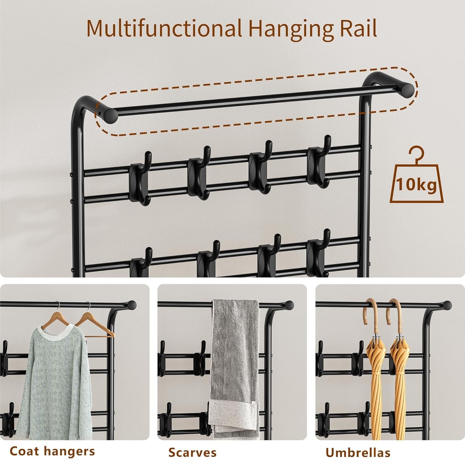 Coat Rack with Shoe Bench 4-in-1 Hall Tree 182cm Black Metal Frame Storage