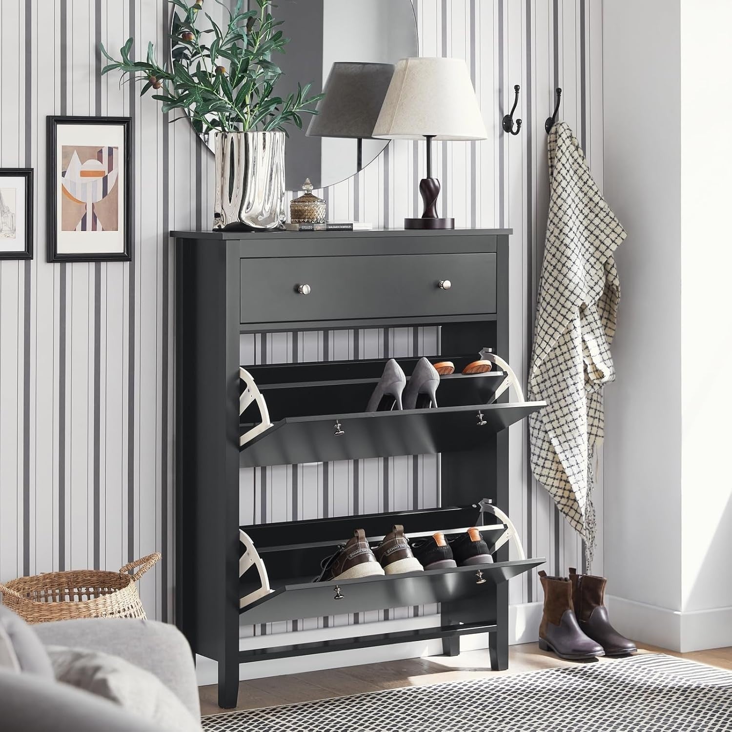 Slim Black Shoe Cabinet with Drawer & Drop Doors, Narrow Storage Unit 80x25x108c