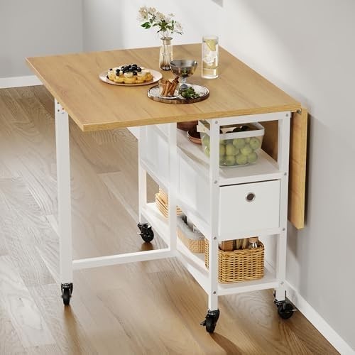 Mobile Folding Dining Table with Drawers & Wheels 120x80cm Space-Saving