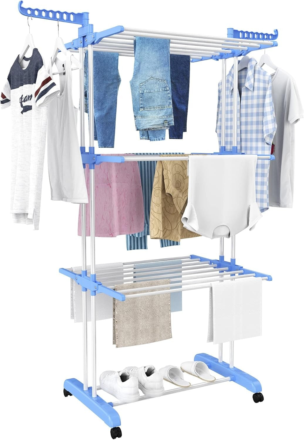 4 Tier Clothes Airer Stainless Steel Foldable Drying Rack with Wheels Blue