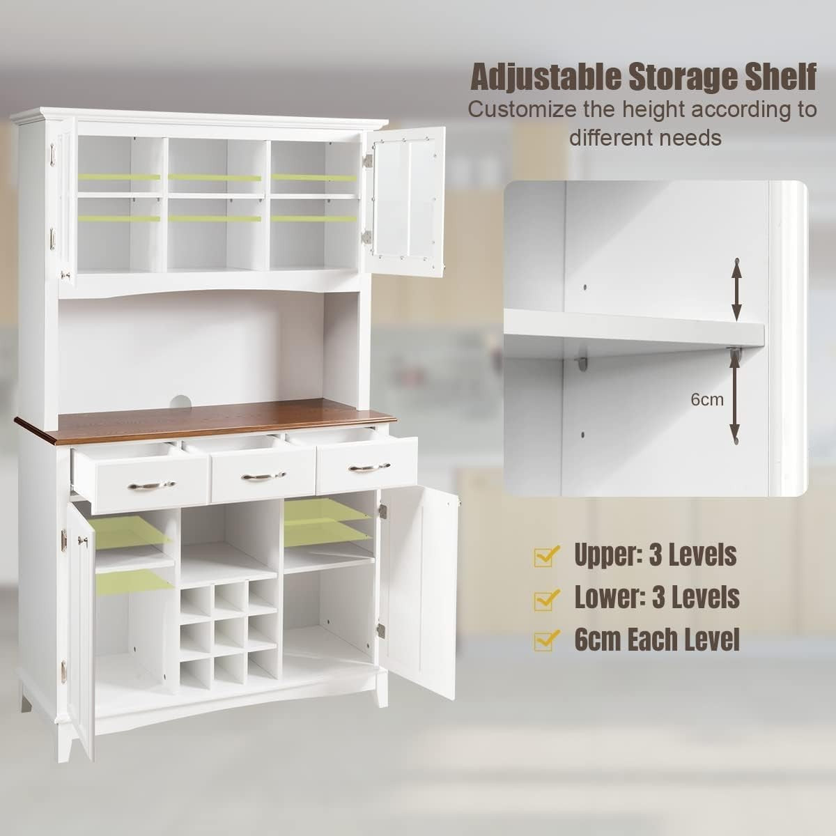 White Tall Kitchen Storage Cabinet Buffet Cupboard with Drawers & Wine