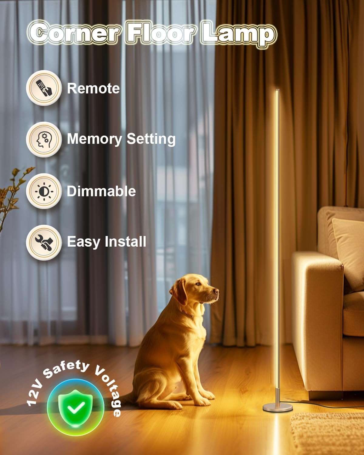 LED Corner Floor Lamp Dimmable Remote 2700–6500K Modern Standing Light