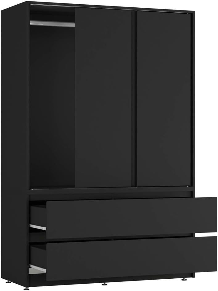 Black Sliding Door Wardrobe with 4 Drawers & Hanging Rail - Space Saver