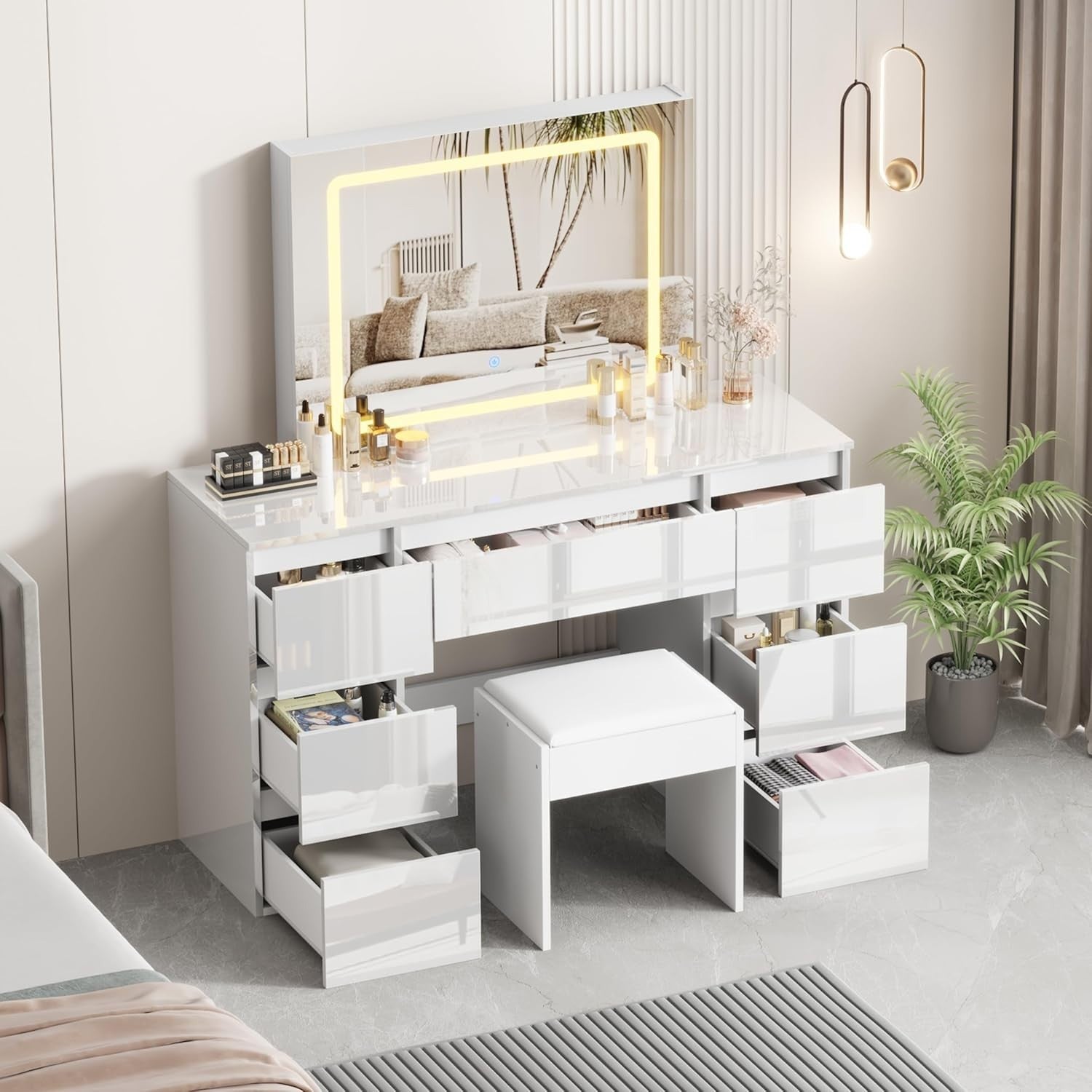 Modern White Gloss Dressing Table Vanity Desk LED Mirror Set 7 Drawers Stool