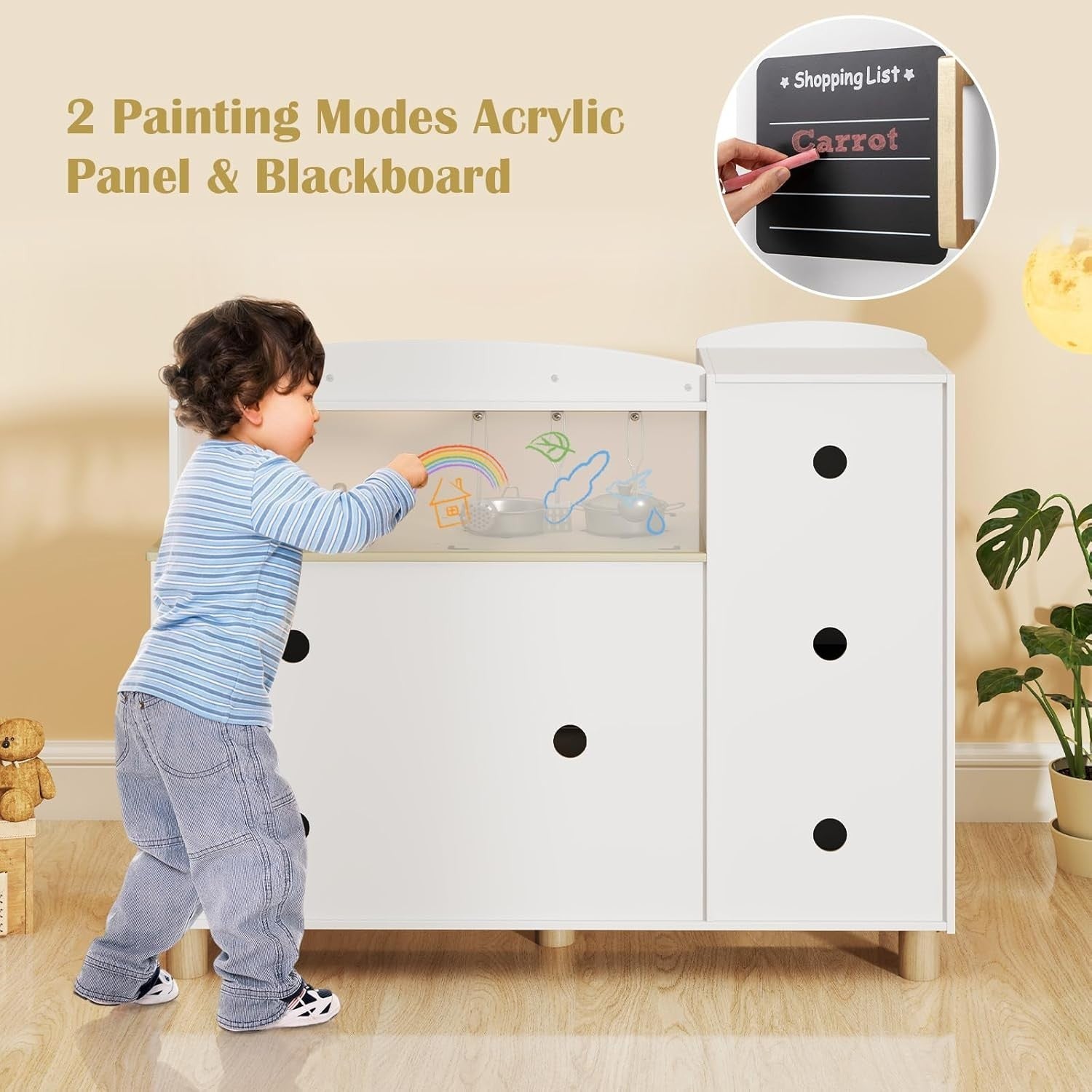 Wooden Kids Play Kitchen White Ice Maker Dishwasher Cooking Toy
