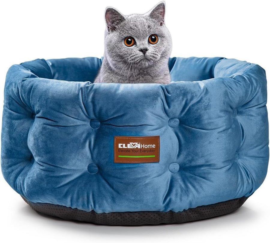 Deep Nest Cat Bed Round Plush Velvet Pet Bed High Sides Non Slip