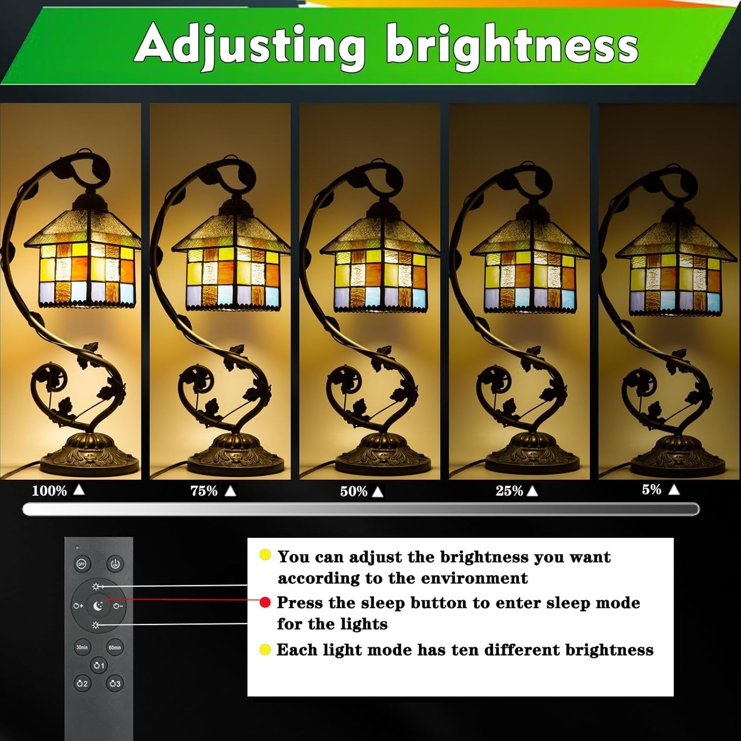 Adjustable Stained Glass Table Lamp with Remote, Dimmable & LED Bulb