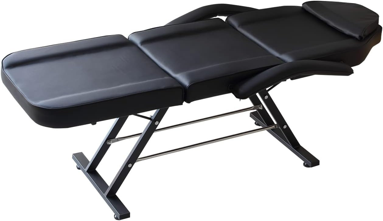 Adjustable 3-Section Beauty Massage Bed w/ Head Cushion & Swivel Stool Black
