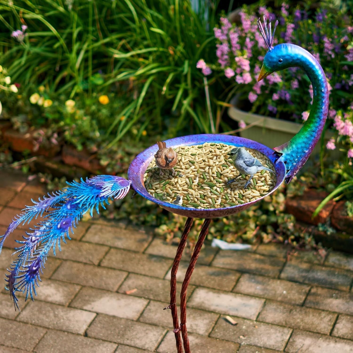 Peacock Bird Bath Outdoor Garden Decor – Metal Feeder Tray Yard Ornament 38