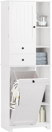 Tall Slim Bathroom Storage Cabinet with Laundry Basket Shelves White